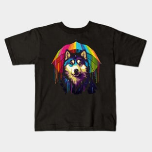 Alaskan Husky Rainy Day With Umbrella Kids T-Shirt